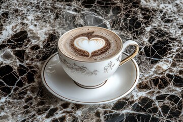 Poster - Steaming cappuccino with heart latte art in elegant cup on marble.