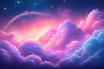 Aufkleber - Pink, purple clouds fill sky. Stars twinkle above. Soft glow brightens clouds. Fantasy sky scenery. Magical, dreamy atmosphere. Perfect for imaginative projects backgrounds. Dreamy, cute style.