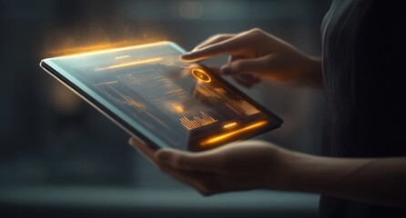 Poster - Woman using futuristic tablet displaying data.