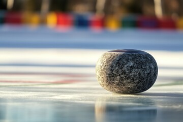 Poster - Close-up of a granite curling stone on ice, with blurred background of colorful objects.