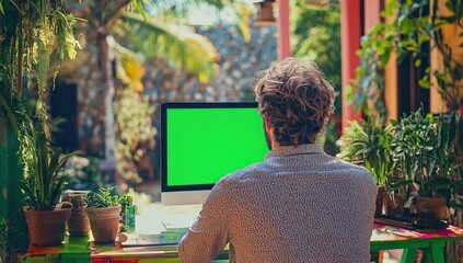 Poster - Man working remotely on greenscreen computer outdoors.