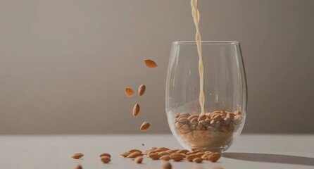 Sticker - Almond milk pouring into glass with almonds.