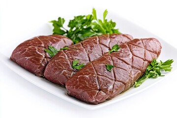 Poster - Three marinated beef steaks on a white plate, garnished with parsley.