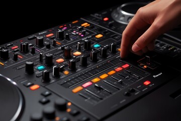 Fototapete - Hand adjusting audio mixer controls.