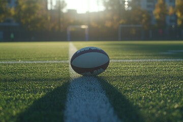 Poster - Rugby ball on field at sunset.