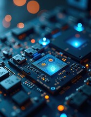 Poster - close up detailed view of tech circuit board. advanced computer components visible. modern data reco