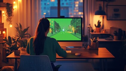 Poster - Woman playing video game on computer at night in cozy room.