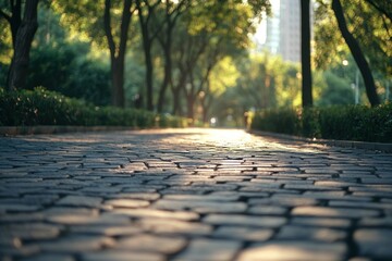 Poster - Sunlit cobblestone path through a park.