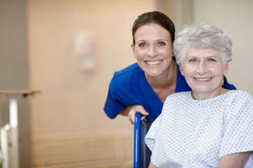 Wall Mural - Face, caregiver and senior woman in hospital, smile and healthcare for recovery, assisted living and joy. Sick, retirement and elderly person with disability, nurse and help for patient in clinic