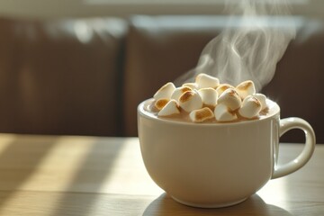 Poster - Steaming hot chocolate topped with toasted marshmallows in a white mug on a wooden table.