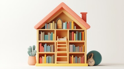 Poster - Cute cartoon house bookshelf with books, ladder, cactus, and clock.