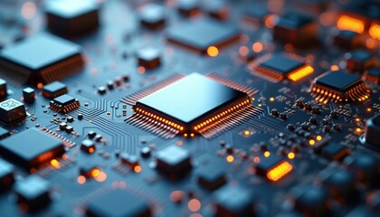  - Close-up view of advanced microchips, wireless circuit elements. Complex tech design. High tech electronic components. Innovative tech. Modern circuit board. Cutting edge design. Detailed view.
