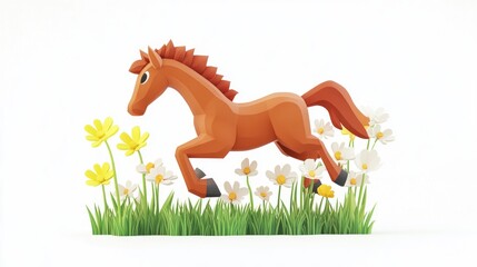 Poster - Low-poly brown horse galloping through a field of daisies and buttercups.