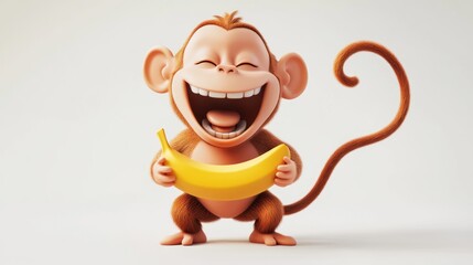 Poster - Happy cartoon monkey holding a banana, laughing.