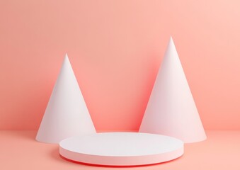 Poster - Minimalist pastel pink background with white cone shapes and platform.