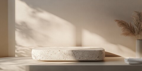 Aufkleber - Minimalist beige stone podium with pampas grass and sunlight shadow.