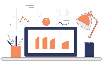 Poster - Desk workspace with laptop showing graphs, documents, and stationery.