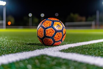 Poster - Soccer ball on field at night.