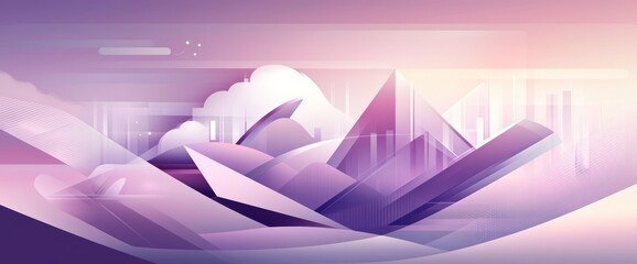 Poster - Abstract purple landscape with geometric shapes and city skyline.