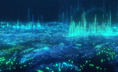 Poster - Futuristic cityscape with glowing lines and data streams.