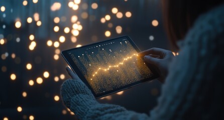 Poster - Woman analyzing glowing financial graph on tablet at night.