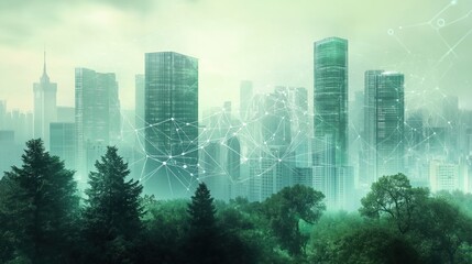 Poster - Cityscape with green park. AI technologies effect on sustainable built environment. Network connections between urban buildings, nature. Futuristic concept of eco-friendly urban design. Illustration