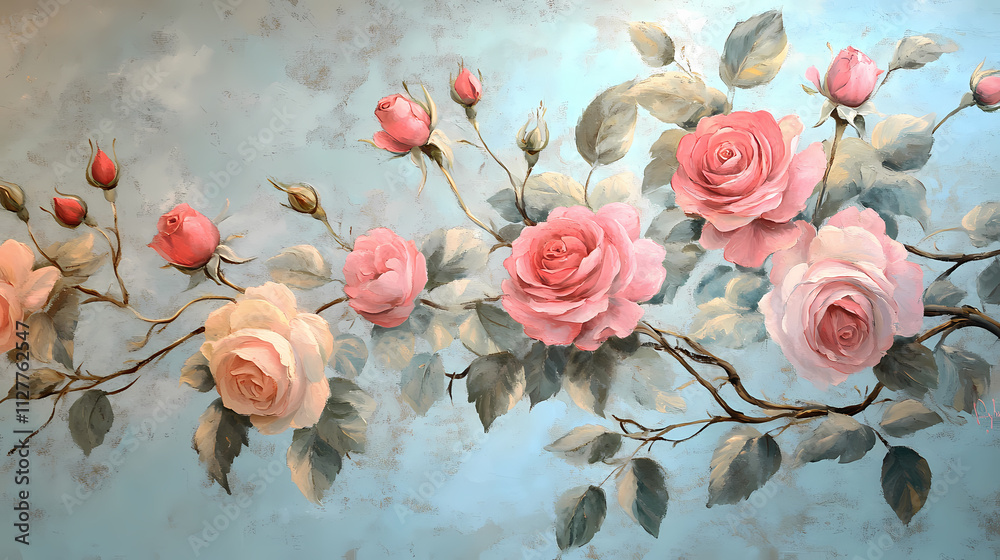 Roses Drawings Rococo Stock-Illustration „Roses painted on the wall in the baroque, rococo ...