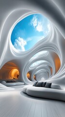 Poster - Abstract white architectural interior design. Empty space with soft light, sky views. Modern design with smooth curves, light through openings. Stylish, futuristic interior. Modern architecture with