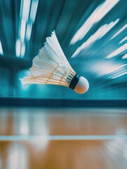 Wall Mural - Close-up badminton shuttlecock in midair with a dynamic motion blur on badminton court