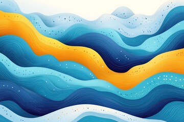 Poster - Seamless wave pattern illustration. Abstract ocean waves in shades of blue, yellow. Dynamic curves create textured effect. Suitable for wallpaper decoration. Intricate design with layers of wavy
