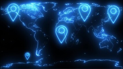 glowing map with location pins on blurry GPS and navigation concept neon line World map location tracking animation World map travel across continents animation Location On Stylish World Globe.