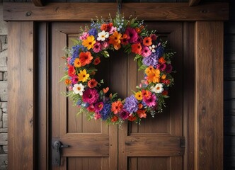 Colorful flower wreath hanging on rustic wooden door, floral, decoration, vibrant