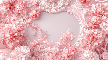 Canvas Print - Decorative pink bloom flowers and mirror frame in rococo style. copy space and luxurious style. generative ai. Rococo. Illustration