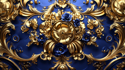 golden and ultramarine blue interior. flowers. baroque style. generative ai. rococo. illustration