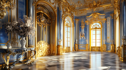 golden and ultramarine blue interior. flowers. baroque style. generative ai. rococo. illustration