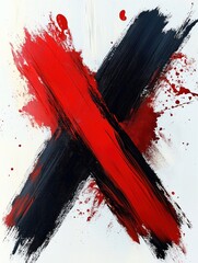 Poster - Abstract art piece. Red, black paint creates X mark on white background. Intense colors with visible brushstrokes, drips. Dynamic, bold design. Modern style artwork. Hand-painted illustration. Unique
