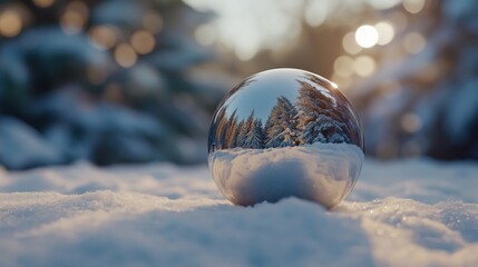 Sticker - A glass sphere reflecting a snowy forest landscape during winter.