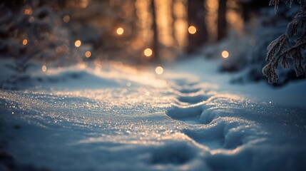 Sticker - A serene snowy path with footprints leading through a winter forest at sunset.