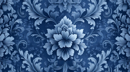 Wall Mural - Blue victorian vintage wallpaper design featuring textured floral damask elements, a retro seamless pattern, and an elegant old-fashioned rococo textile print. Rococo. Illustration