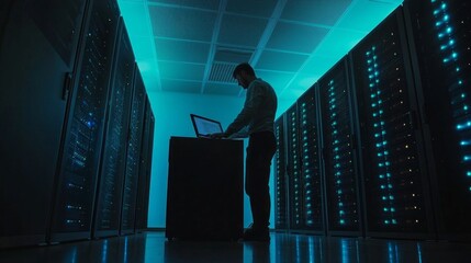 Poster - Amidst a futuristic server room, a technician focuses intently on a laptop, surrounded by rows of glowing server racks. The ambient light casts an ethereal glow, creating a captivating atmosphere