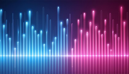 Poster - This striking digital wallpaper showcases an abstract neon background with mesmerizing glowing pink and blue vertical lines. Perfect for enhancing your digital space with vibrant colors and