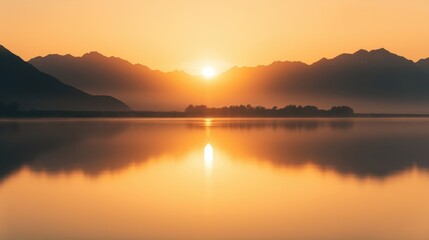 Wall Mural - A serene sunrise reflecting on a calm mountain lake with silhouettes of mountains in the background.