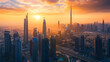 © Thiago - Aerial view of a sprawling metropolis with towering skyscrapers at dawn. Ebullience. Illustration