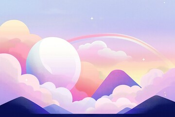 Poster - Pastel sky with fluffy clouds in pink purple, light blue. Big white moon, rainbow in center of illustration. Mountains in shades of purple, dark blue in lower part of image. Magic dreamy fantasy