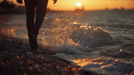 Wall Mural - A person walking by the beach during sunset, with waves splashing around.