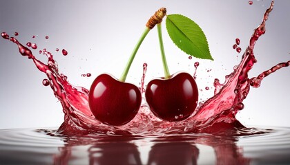 Wall Mural - Two cherries splashing into a vibrant red liquid, creating a dynamic and juicy scene.