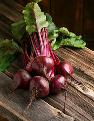 Wall Mural - Freshly harvested beets on a rustic wooden surface. Vibrant colors and textures.