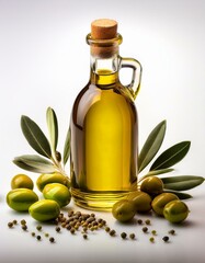 Wall Mural - Golden olive oil in a glass bottle, surrounded by fresh olives and peppercorns.