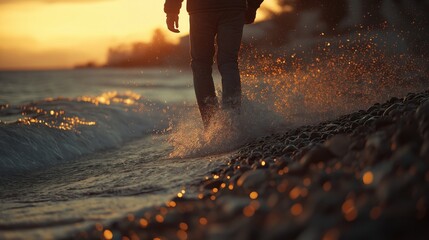 Wall Mural - A person walking on a pebbly beach during sunset, with waves splashing around.