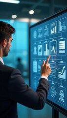 Poster - Businessman interacts with interactive display. Man uses touch screen to manage global business strategy. Visual display shows metrics, graphs. Analyzing Mnc business strategy for standardizing